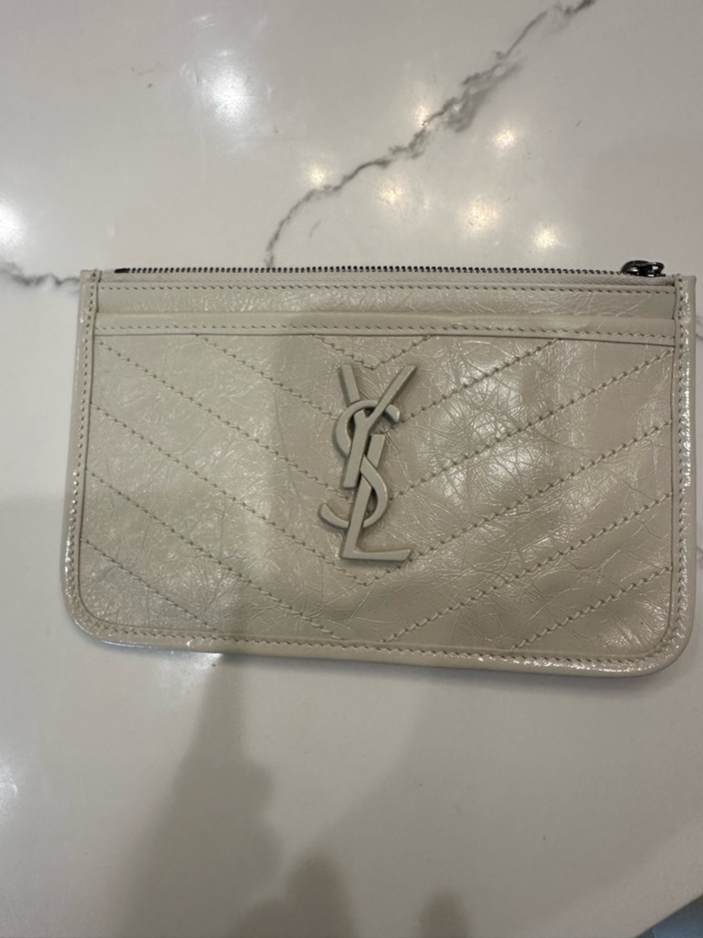 Saint Laurent Cream Quilted Leather Zip Pouch with YSL Logo